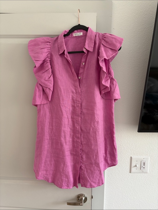 Lanhtropy Dresses & Skirts - Pink Ruffle Sleeve Button-Down Linen Dress
